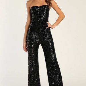 Never worn-  Flirty Moves Black Sequin Strapless Wide-Leg Jumpsuit